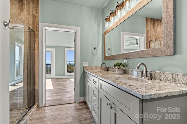 bathroom with walk in shower, vanity, and hardwood / wood-style flooring