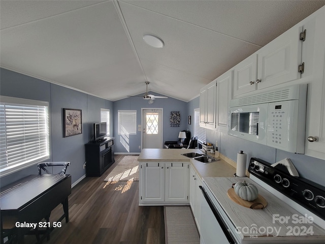 kitchen with dark hardwood / wood-style floors, sink, vaulted ceiling, white cabinets, and white appliances