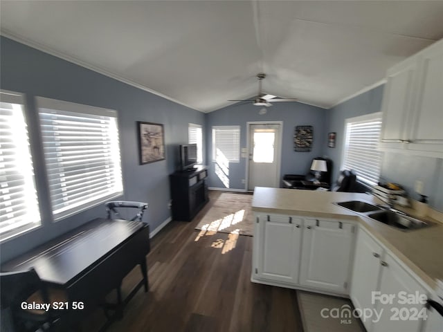 kitchen with sink, dark hardwood / wood-style flooring, white cabinetry, ceiling fan, and lofted ceiling