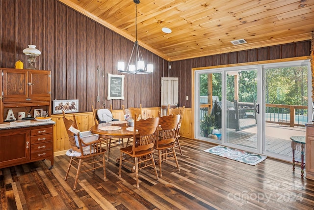 dining space featuring wood ceiling, a notable chandelier, dark hardwood / wood-style floors, and wood walls