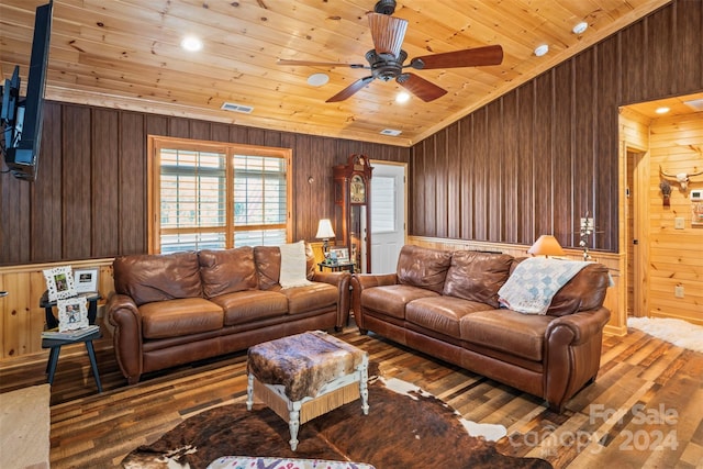 living room with wood ceiling, wood walls, hardwood / wood-style flooring, and ceiling fan