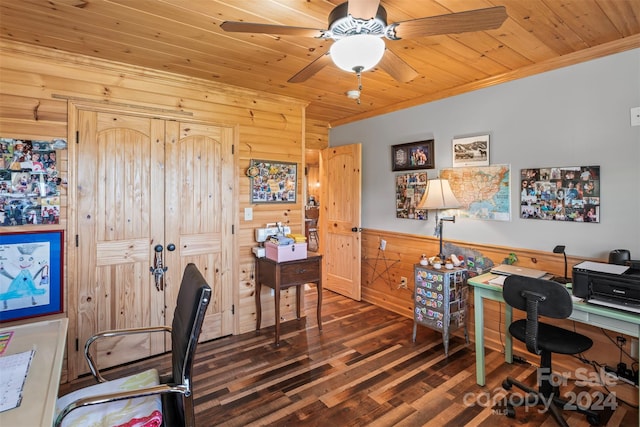 office area featuring wooden walls, wooden ceiling, crown molding, dark hardwood / wood-style flooring, and ceiling fan