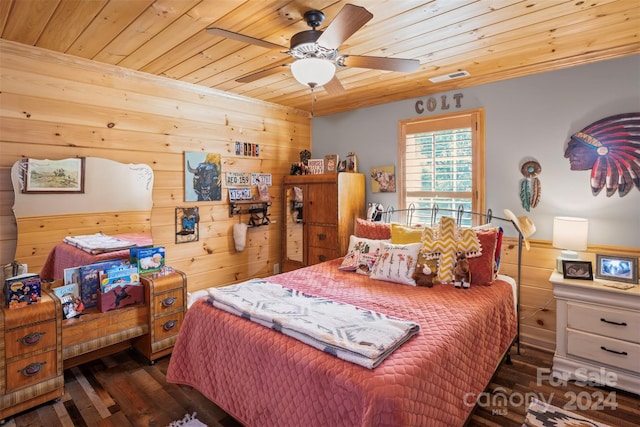 bedroom featuring wood ceiling, wooden walls, dark wood-type flooring, and ceiling fan