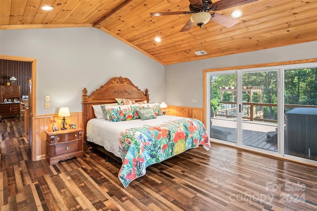 bedroom with access to outside, wood ceiling, lofted ceiling with beams, ceiling fan, and dark hardwood / wood-style floors