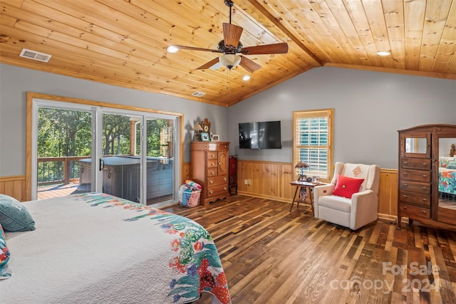 bedroom with ceiling fan, dark hardwood / wood-style flooring, access to exterior, wooden ceiling, and wooden walls