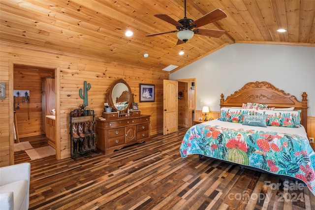 bedroom featuring ensuite bath, wooden ceiling, vaulted ceiling, dark hardwood / wood-style flooring, and ceiling fan