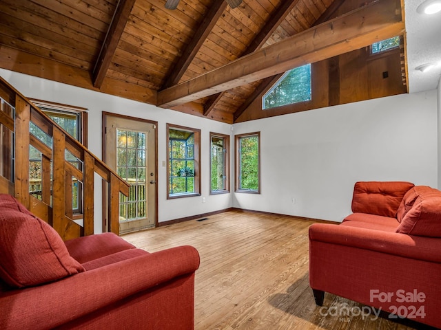 living room with beam ceiling, hardwood / wood-style flooring, high vaulted ceiling, and wooden ceiling