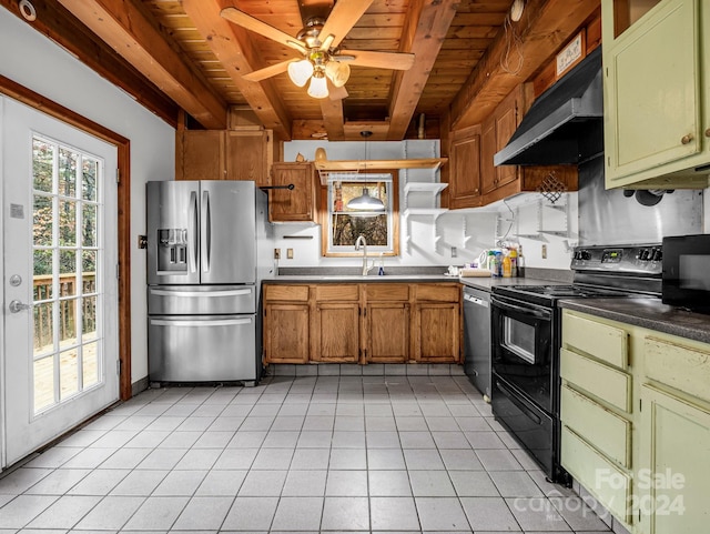 kitchen featuring wall chimney range hood, wood ceiling, beam ceiling, stainless steel appliances, and green cabinetry