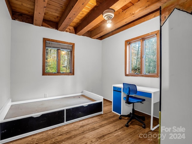 office space with wood ceiling, hardwood / wood-style floors, and beamed ceiling