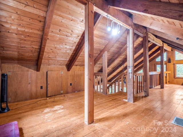 bonus room with light hardwood / wood-style flooring, lofted ceiling with beams, wooden walls, and wood ceiling