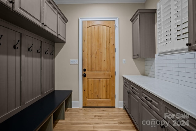 mudroom featuring light hardwood / wood-style floors and crown molding