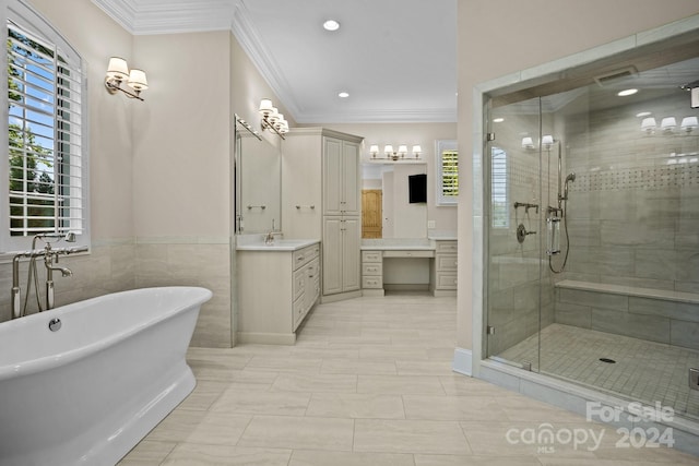 bathroom with tile patterned flooring, vanity, crown molding, and independent shower and bath