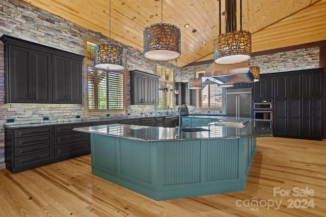 kitchen featuring stainless steel appliances, a spacious island, high vaulted ceiling, and decorative light fixtures