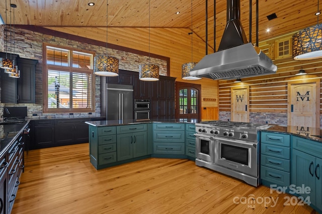 kitchen with high vaulted ceiling, hanging light fixtures, high quality appliances, and wooden ceiling