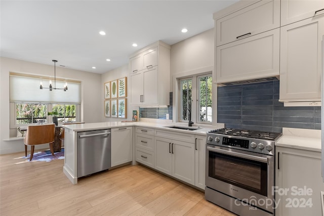 kitchen featuring appliances with stainless steel finishes, sink, backsplash, kitchen peninsula, and light hardwood / wood-style flooring