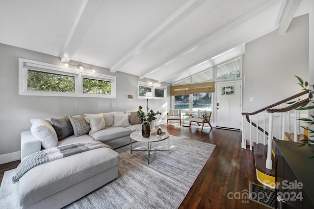 living room featuring dark hardwood / wood-style floors, lofted ceiling with beams, and a wealth of natural light