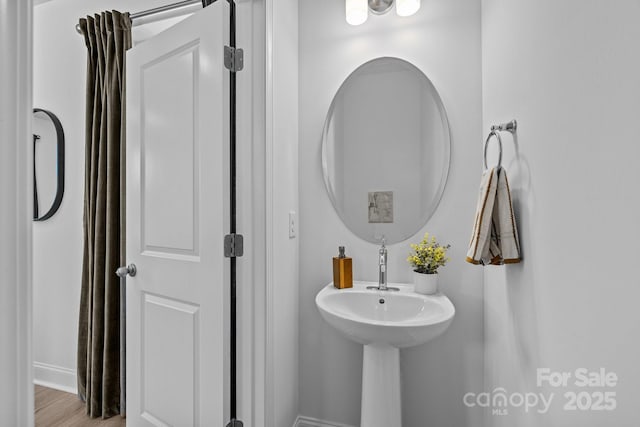 bathroom with wood-type flooring