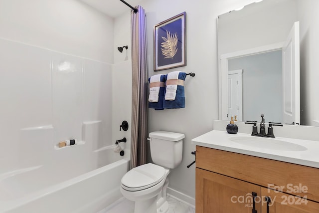 full bathroom with vanity, toilet, and shower / bathtub combination with curtain