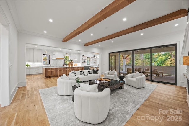 living room featuring light hardwood / wood-style floors and beam ceiling