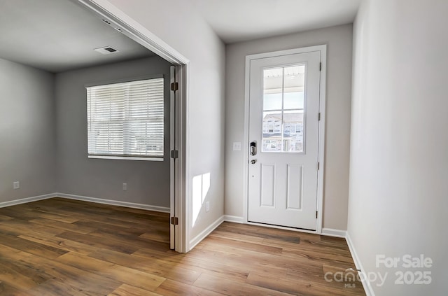 foyer with wood finished floors, a wealth of natural light, and baseboards