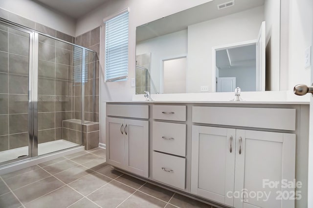 bathroom featuring a sink, visible vents, a shower stall, tile patterned floors, and double vanity