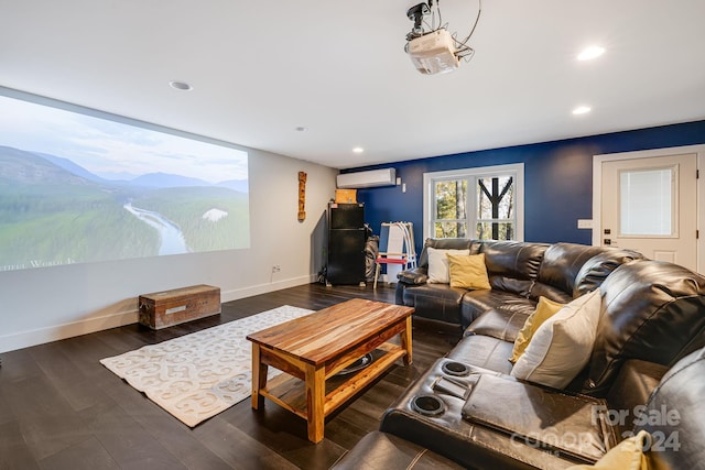 interior space with a mountain view, dark hardwood / wood-style floors, and a wall unit AC