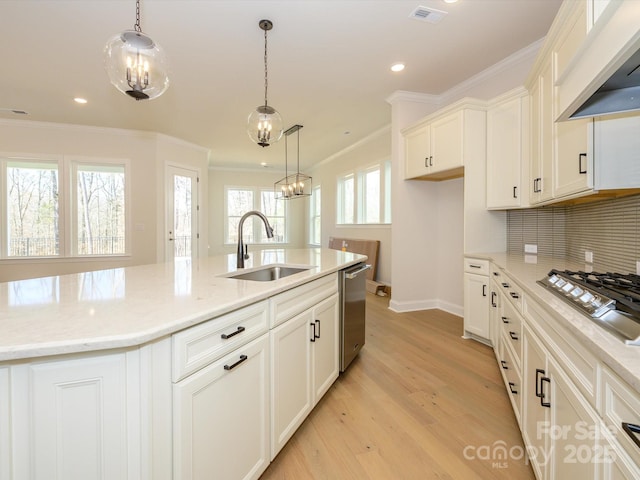 kitchen with sink, decorative light fixtures, custom range hood, and appliances with stainless steel finishes