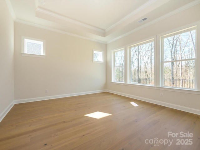 spare room featuring a raised ceiling, crown molding, and light hardwood / wood-style floors