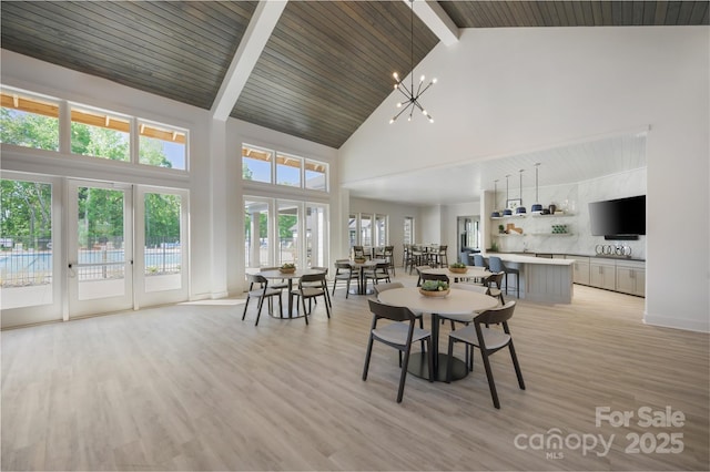 dining area with wood ceiling, high vaulted ceiling, a notable chandelier, light hardwood / wood-style floors, and beamed ceiling