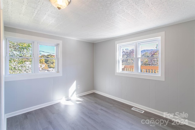 spare room with wood walls and dark hardwood / wood-style flooring