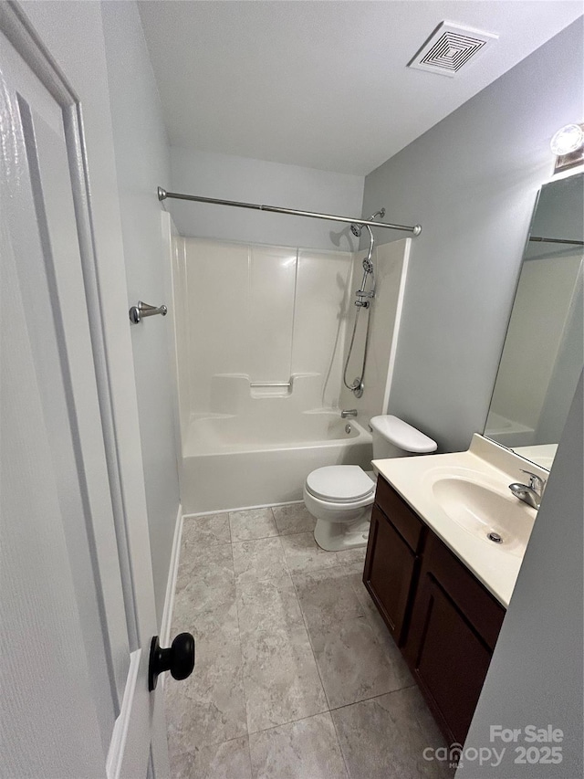 full bathroom featuring shower / bathing tub combination, toilet, and vanity