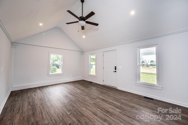 foyer entrance with a wealth of natural light, dark wood-type flooring, high vaulted ceiling, and ceiling fan