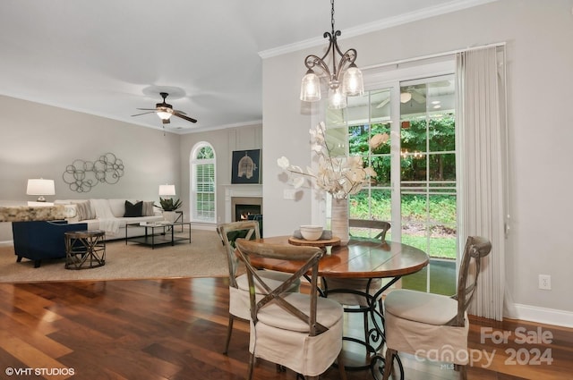 dining room with crown molding, wood-type flooring, and plenty of natural light