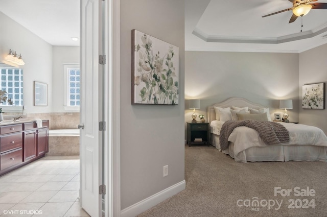 bedroom with sink, crown molding, light tile patterned flooring, and ceiling fan