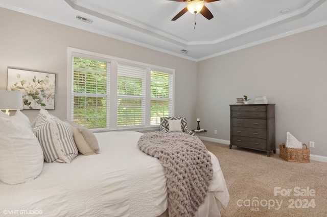 bedroom with a tray ceiling, carpet, and ceiling fan