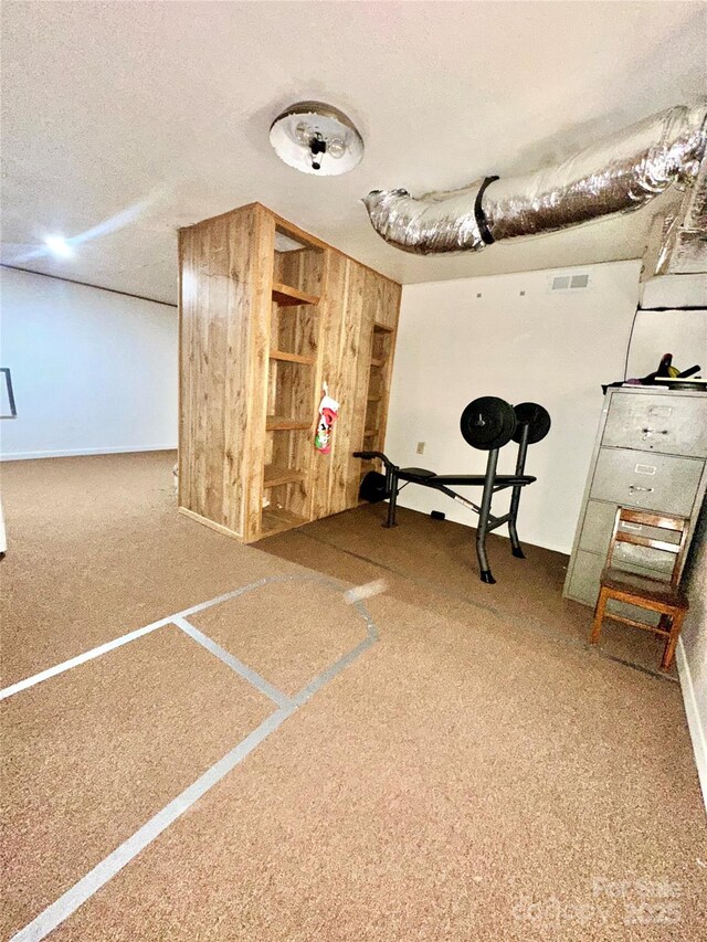 exercise area featuring carpet flooring, wooden walls, and a textured ceiling