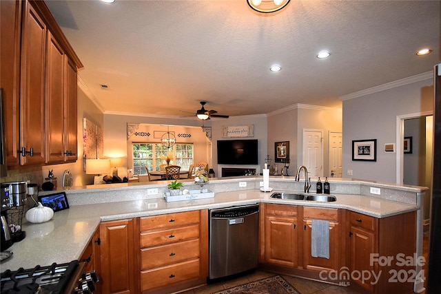 kitchen featuring kitchen peninsula, stainless steel dishwasher, sink, and crown molding