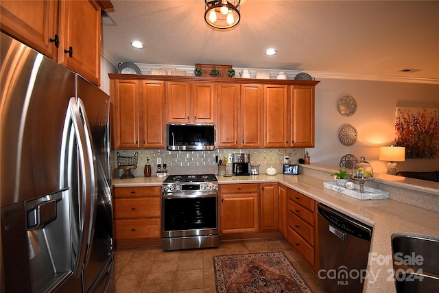 kitchen with kitchen peninsula, tasteful backsplash, light tile patterned floors, appliances with stainless steel finishes, and ornamental molding