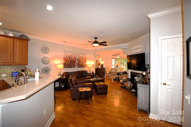 living room with dark wood-type flooring, ceiling fan, ornamental molding, and a textured ceiling