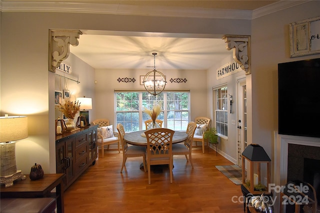 dining space with light hardwood / wood-style floors, ornamental molding, and a chandelier