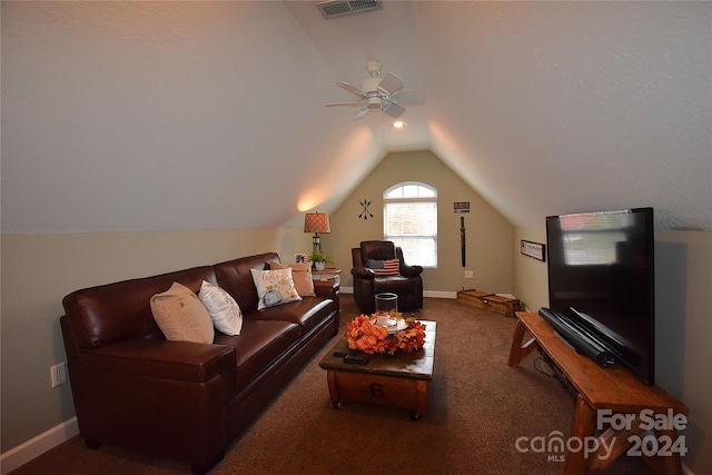 living room with lofted ceiling, carpet, and ceiling fan