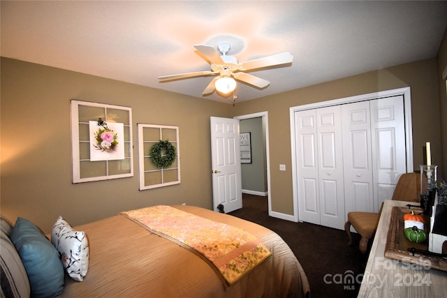 bedroom featuring a closet, dark carpet, and ceiling fan