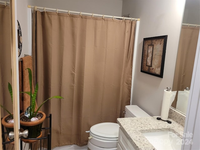 bathroom featuring toilet, curtained shower, and vanity