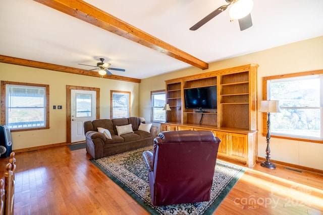 200 Bp Tree Farm Ln, Sparta, NC 28675 - living room featuring a ceiling fan, beam ceiling, baseboards, and light wood finished floors