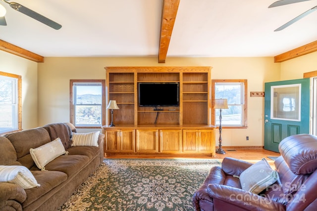 living room featuring beam ceiling, plenty of natural light, and ceiling fan