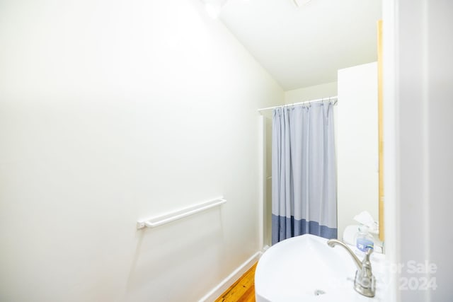 200 Bp Tree Farm Ln, Sparta, NC 28675 - bathroom with a sink, baseboards, wood finished floors, and a shower with curtain