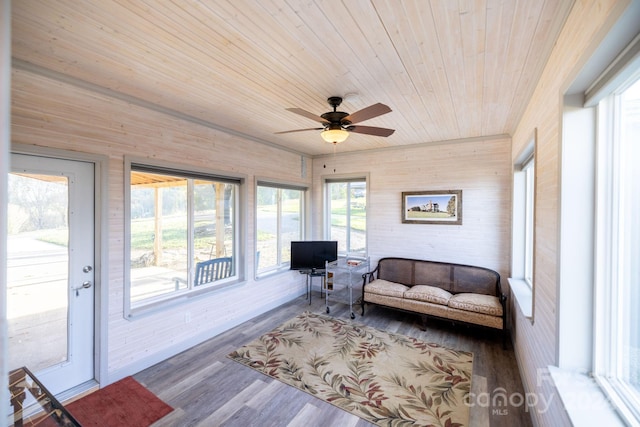 sunroom with wood ceiling and ceiling fan