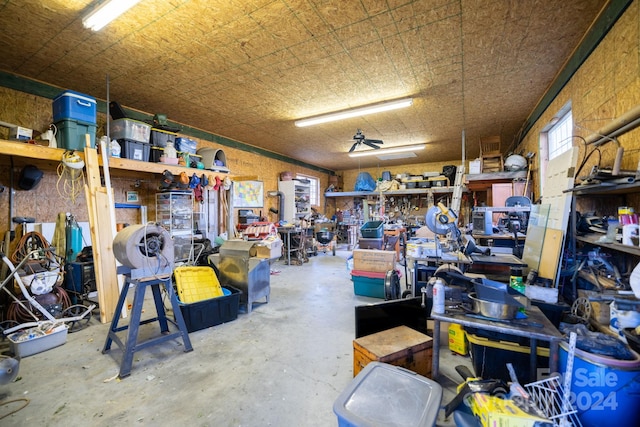 garage with a workshop area