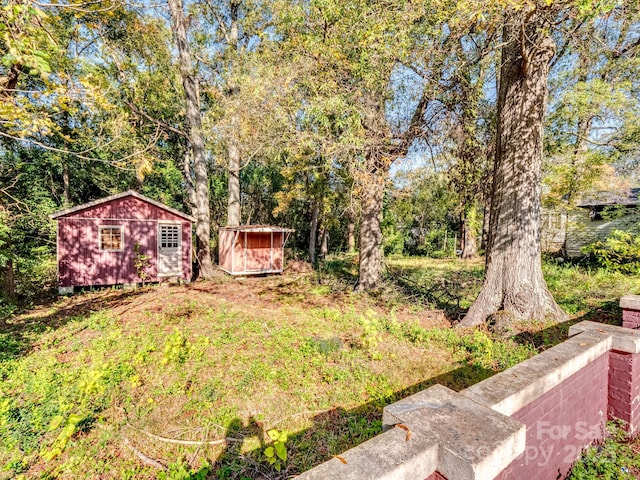 view of yard featuring a shed and an outdoor structure