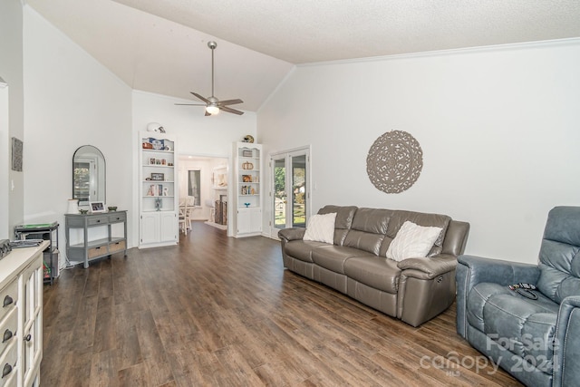 living room with ceiling fan, a textured ceiling, high vaulted ceiling, dark hardwood / wood-style floors, and built in features